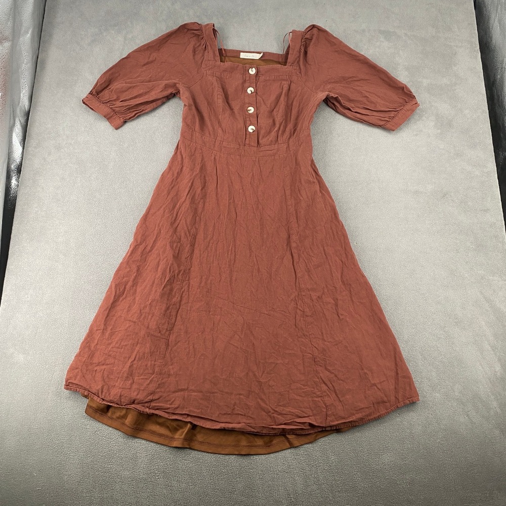 Leia n Co Terracotta Rust Midi Dress Square Neck Puff Sleeve Cottagecore Small